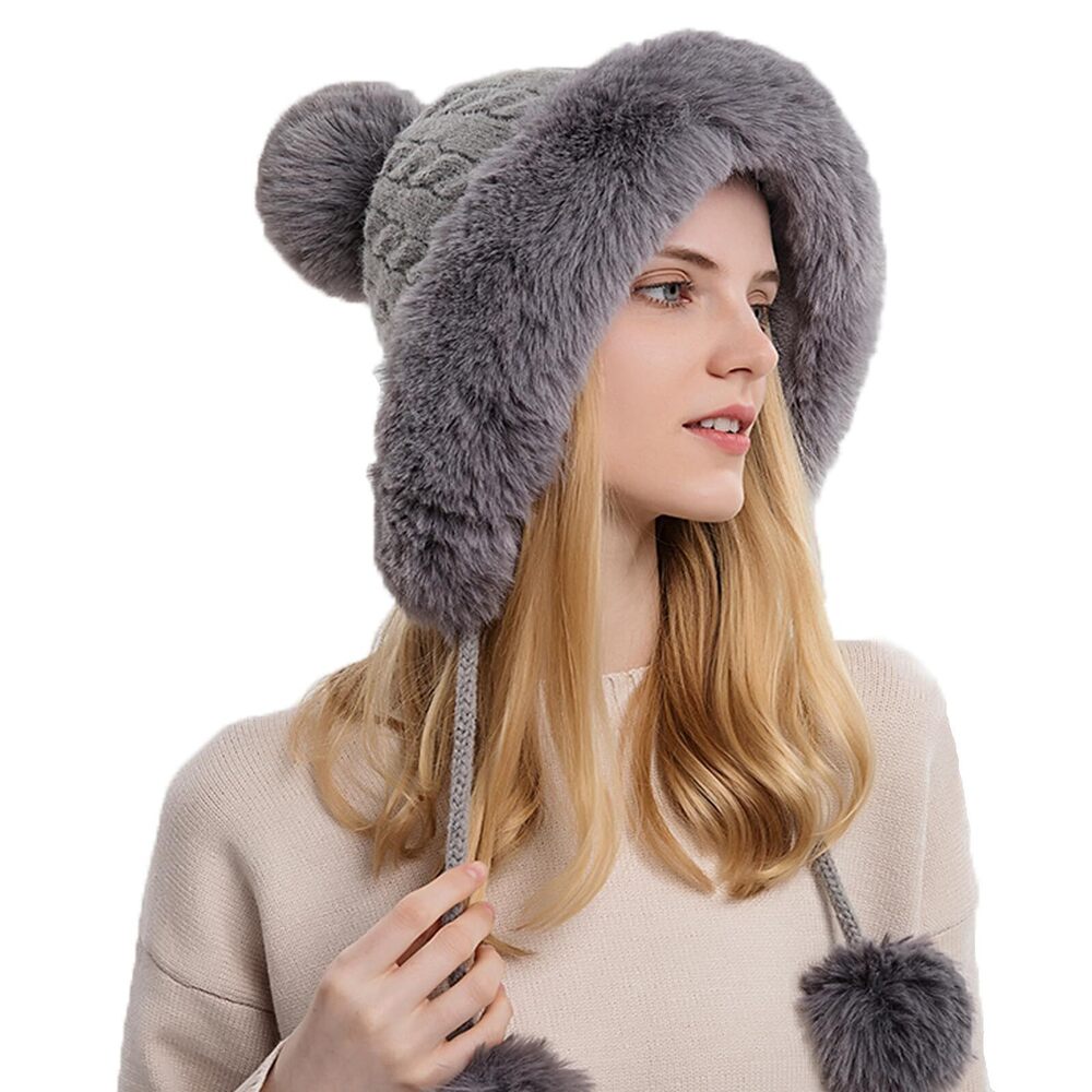 4837 Faux Fur Hat with Fluffy Pompom for Winter Fuzzy Knitted Beanies Skull